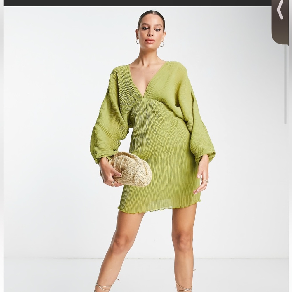 ASOS- Green Pleated Mini Dress with Long Sleeves